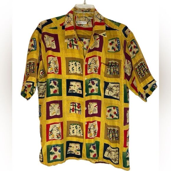 Burma Bibas Vintage 100% Silk Short Sleeve Button Hawaiian Shirt Large - Picture 1 of 9